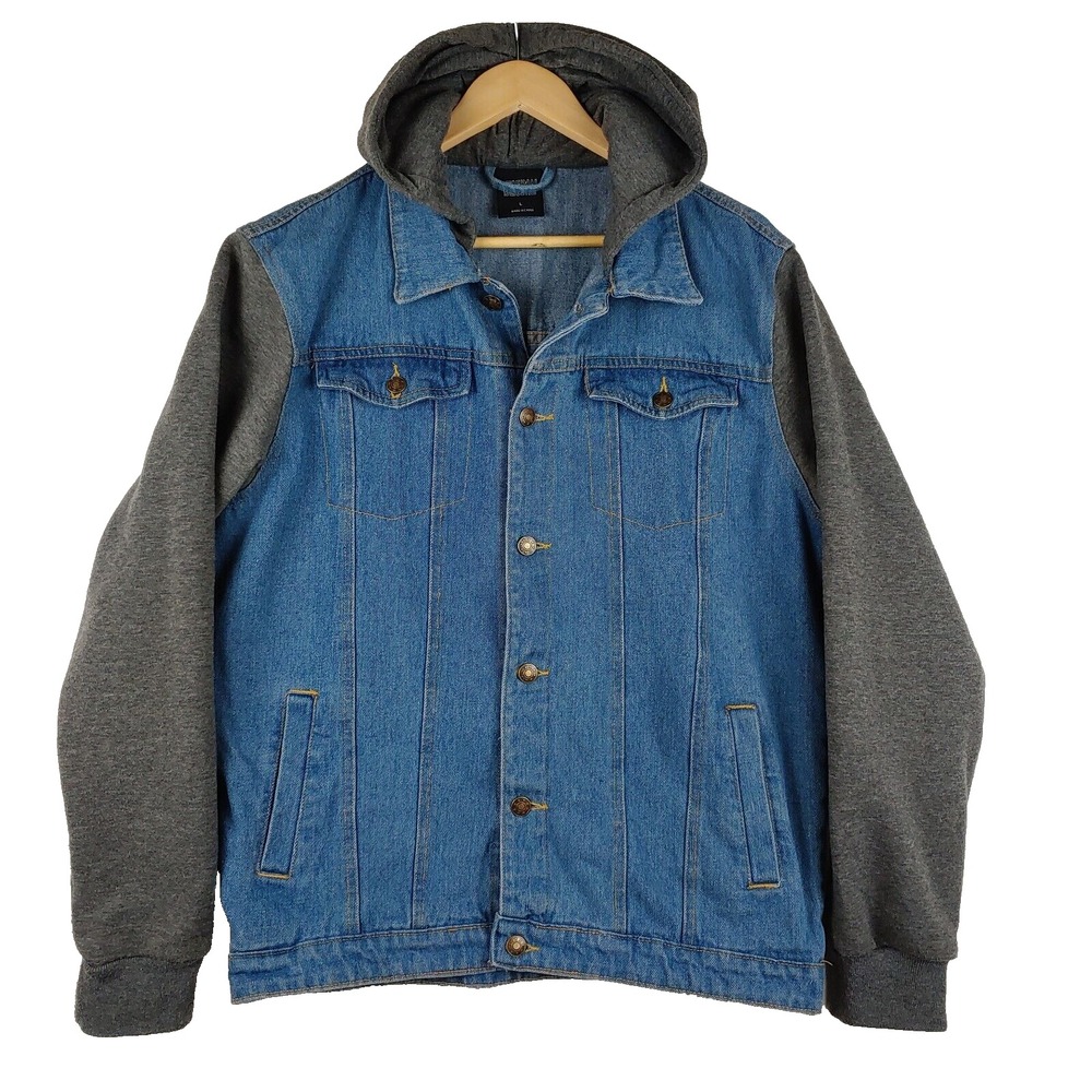 Original Deluxe Denim Jacket Mens Large Blue Gray Hooded Mixed Media Trucker